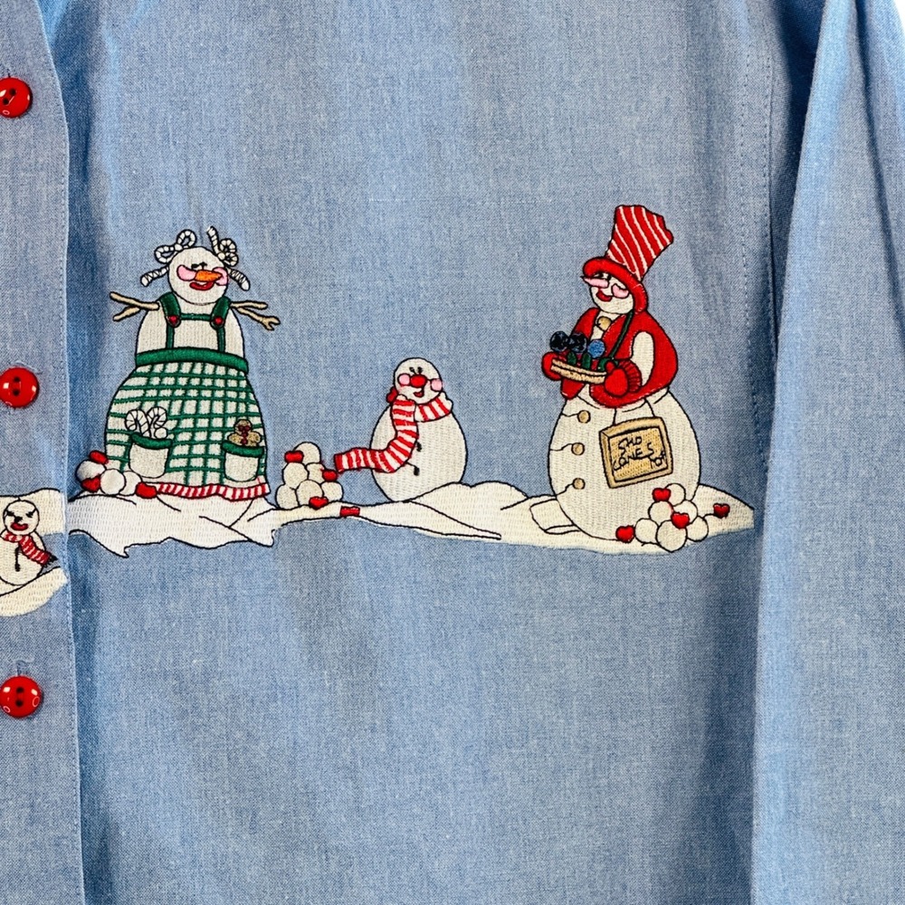 Vtg Christmas Snowman Shirt Chambray Denim Holiday Button Down Top S Festive - Picture 10 of 11